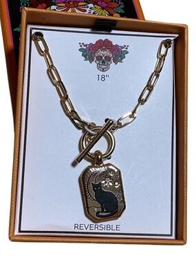 New Reversible Cat Eye Pendant Necklace 18" Toggle Gold Tone Paperclip Chain